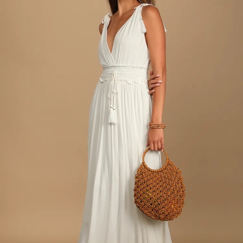 LULU’S Flow With You White Tie-Strap Maxi Dress